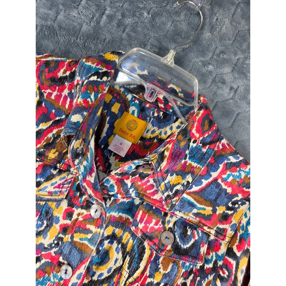 Ruby Rd Womens Multi Color Paisley Ikat Woven Button Front Jacket Size 8